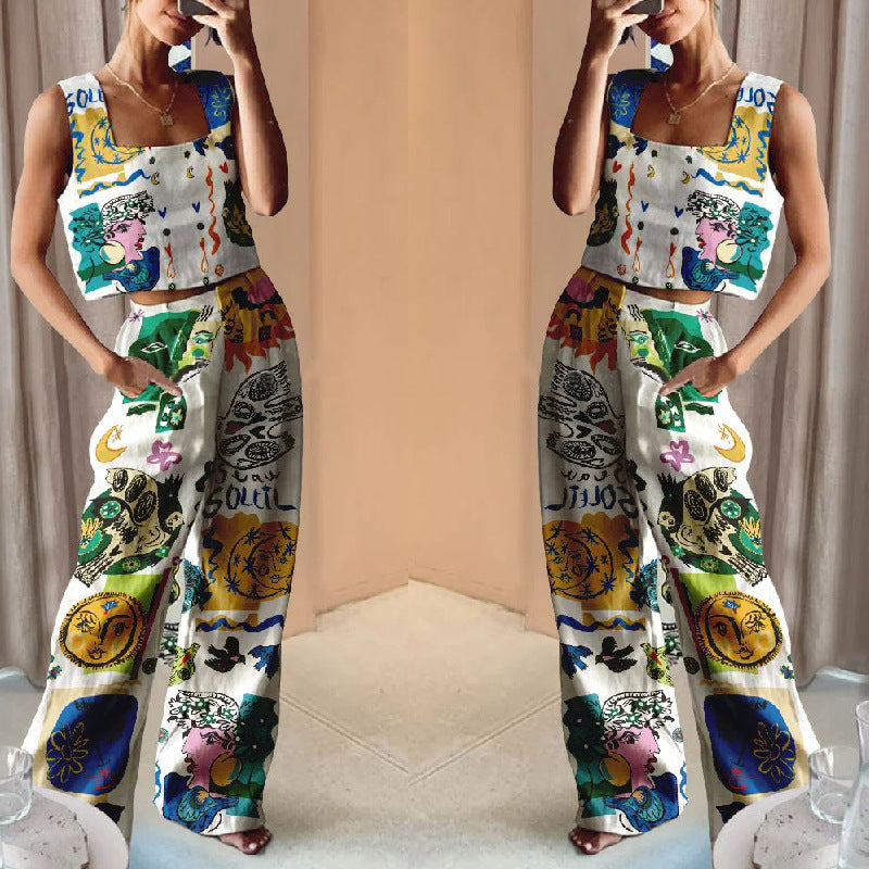 Women's Wide Printed Wide-leg Pants Vest Suit