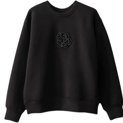 White Machine Embroidery Beaded Camellia Round Neck Loose All-match Air Layer Sweater