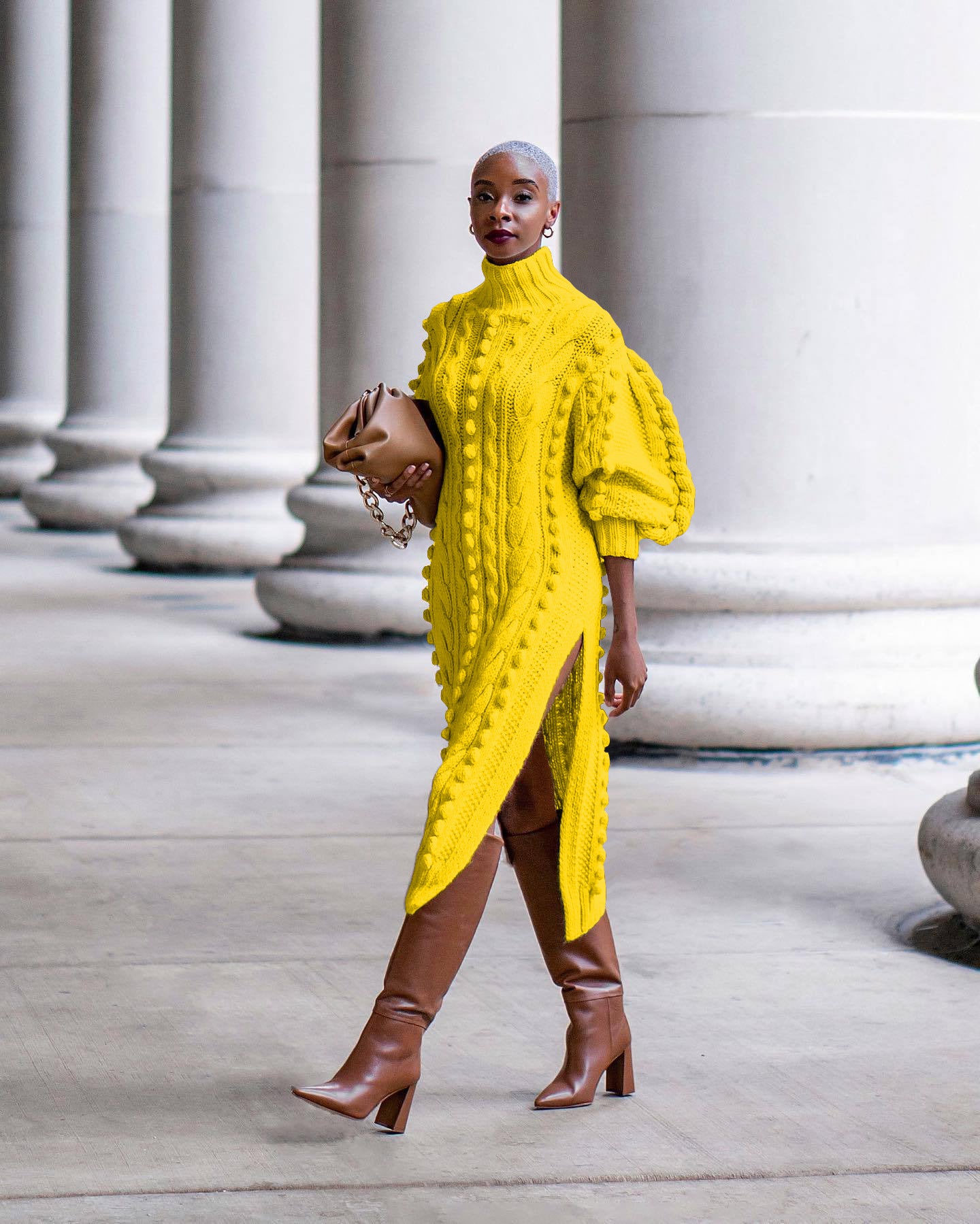 Robe longue tricotée décontractée à col roulé pour femmes