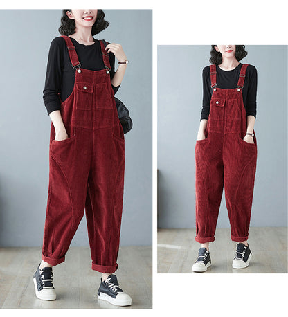 Women's Wide Leg Suspender Washed Corduroy Overalls