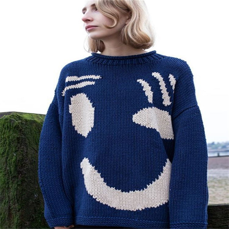 Pull tricoté Smiley de noël pour femmes, manches longues, col rond, haut imprimé teint en fil