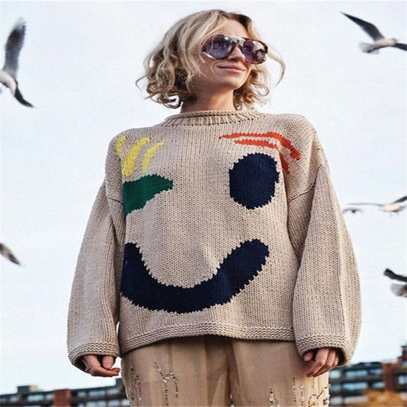 Pull tricoté Smiley de noël pour femmes, manches longues, col rond, haut imprimé teint en fil