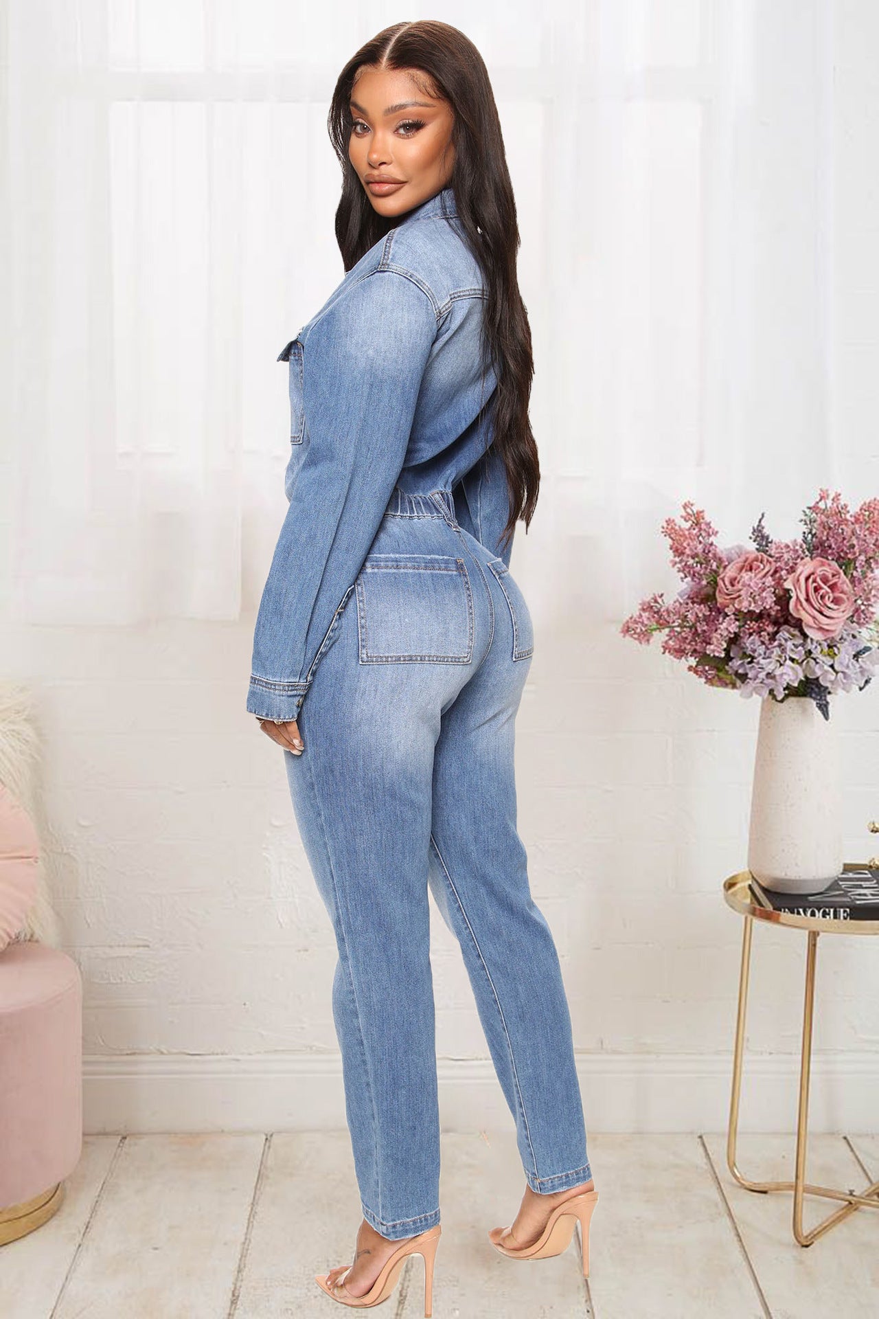 New European And American Slim Waist Washing Long Sleeve Jumpsuit