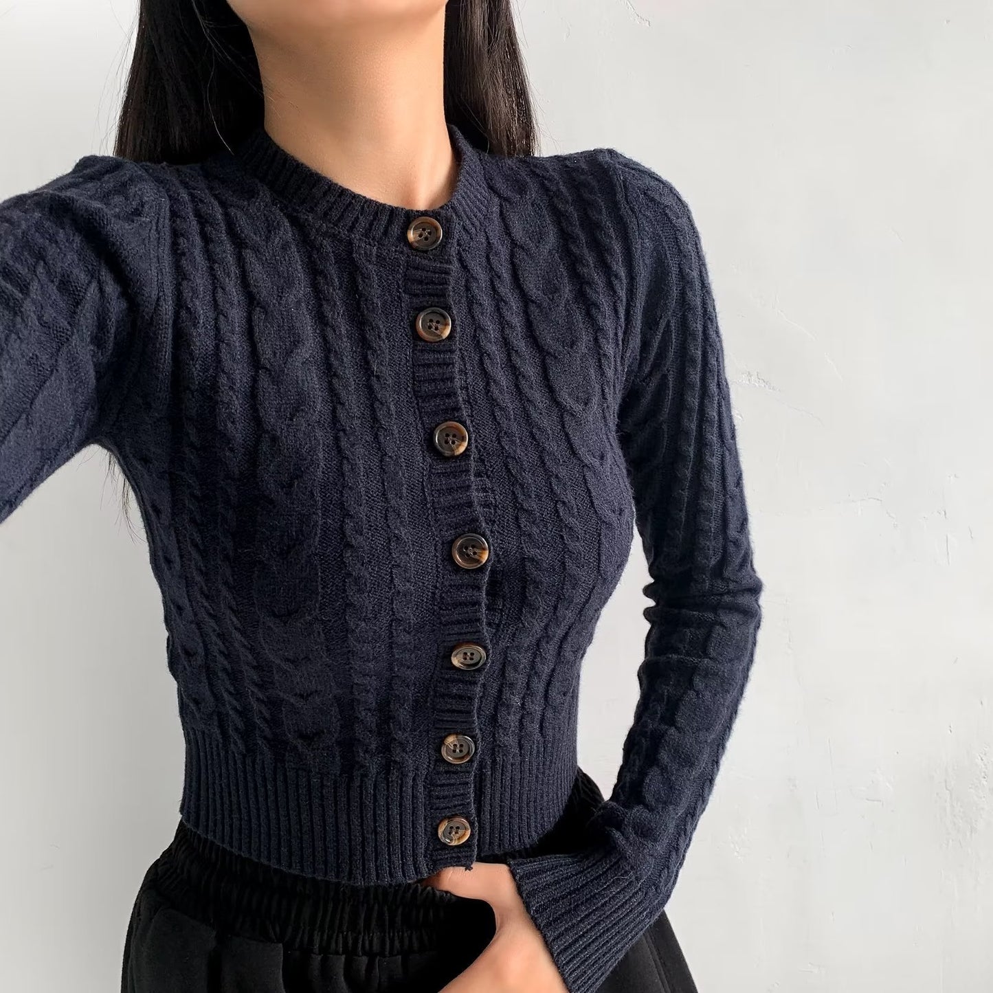 Pull à manches longues torsadé avec boutons rétro de style américain pour femmes