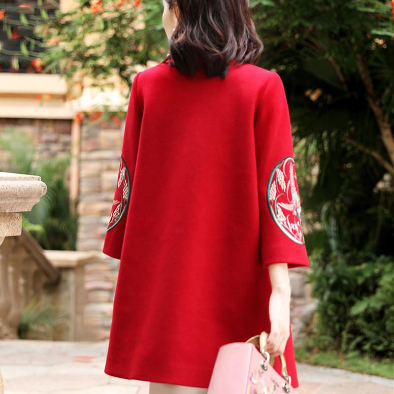 Chinese Style Embroidered Woolen Flared Sleeve Woolen Coat