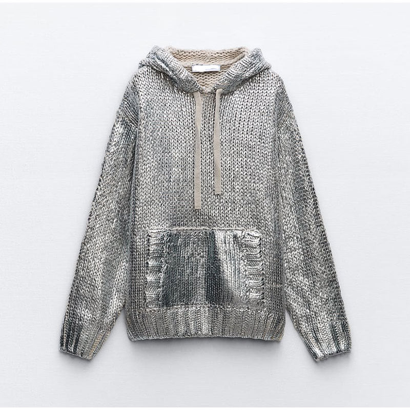 Silver Metal Ribbed Hooded Long Sleeve Drawstring Pullover Sweater