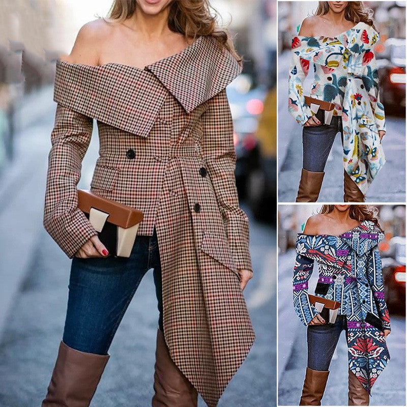 Fashion Irregular Plaid Shirt Long Sleeve Top