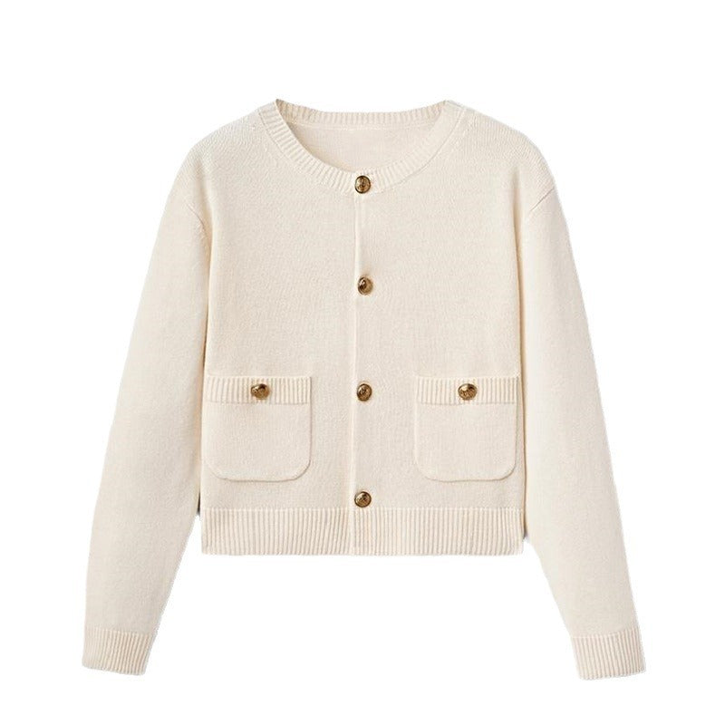 Cardigan pull en polyester tricoté avec boucle dorée de style classique pour femmes