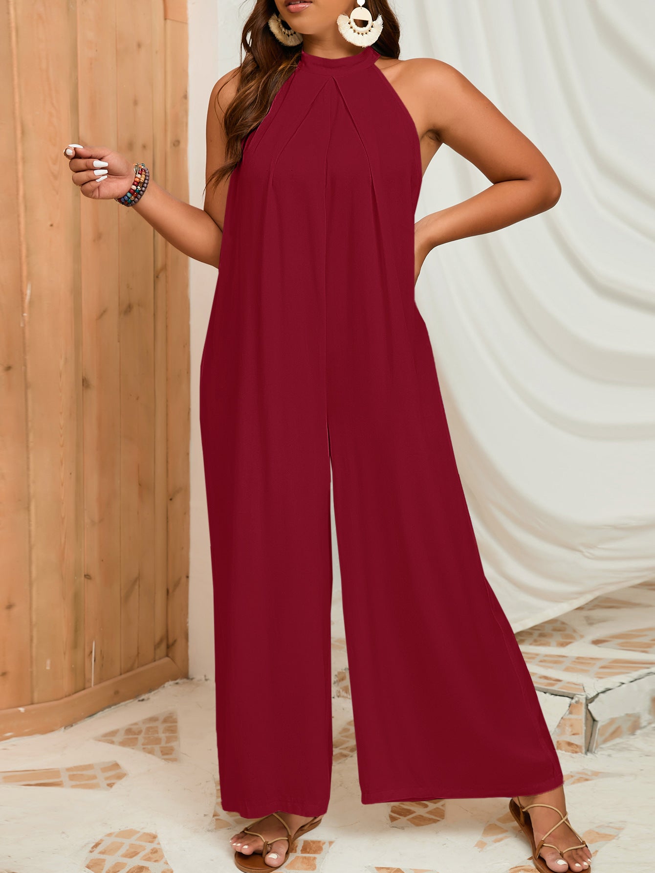 Pure Color Halter Sleeveless Casual Plus Size Jumpsuit