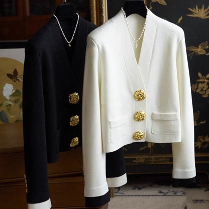 Light Luxury High-grade Knitted Cardigan Golden Buckle V-neck Coat