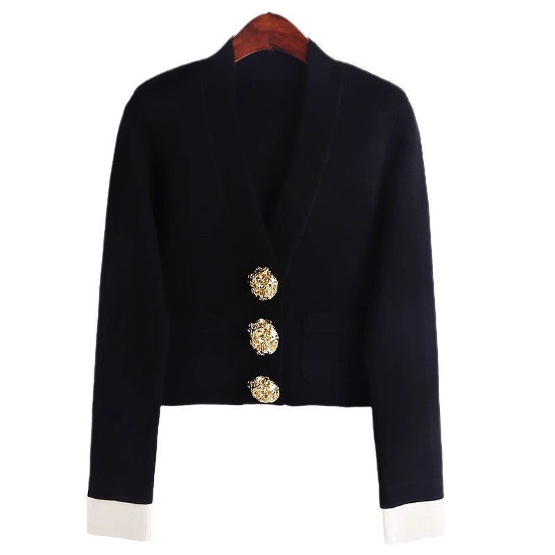 Light Luxury High-grade Knitted Cardigan Golden Buckle V-neck Coat