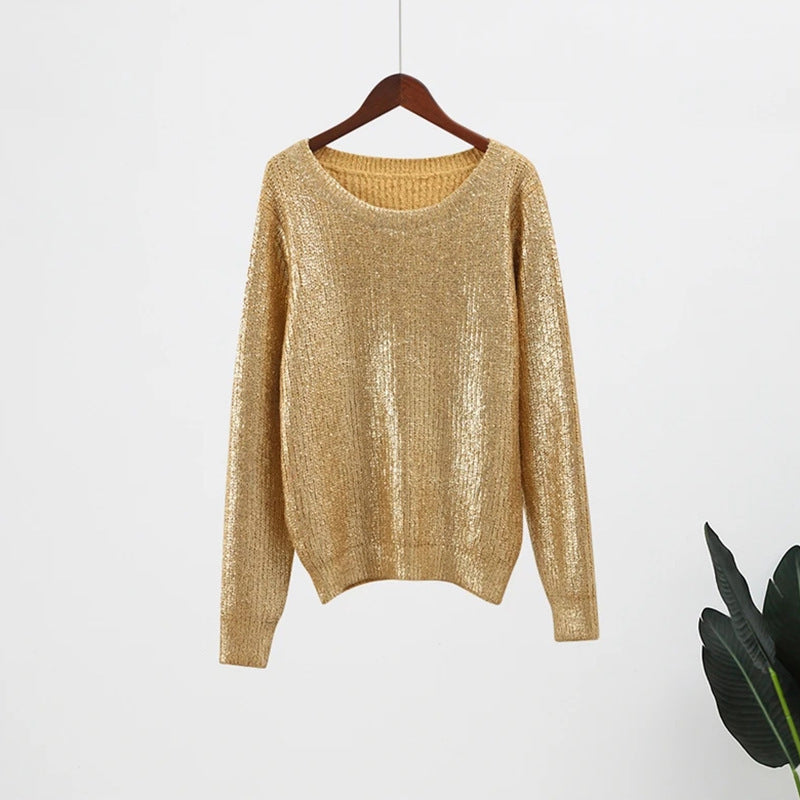 Long Sleeve Gilding Round Neck Elegant Knitted Sweater