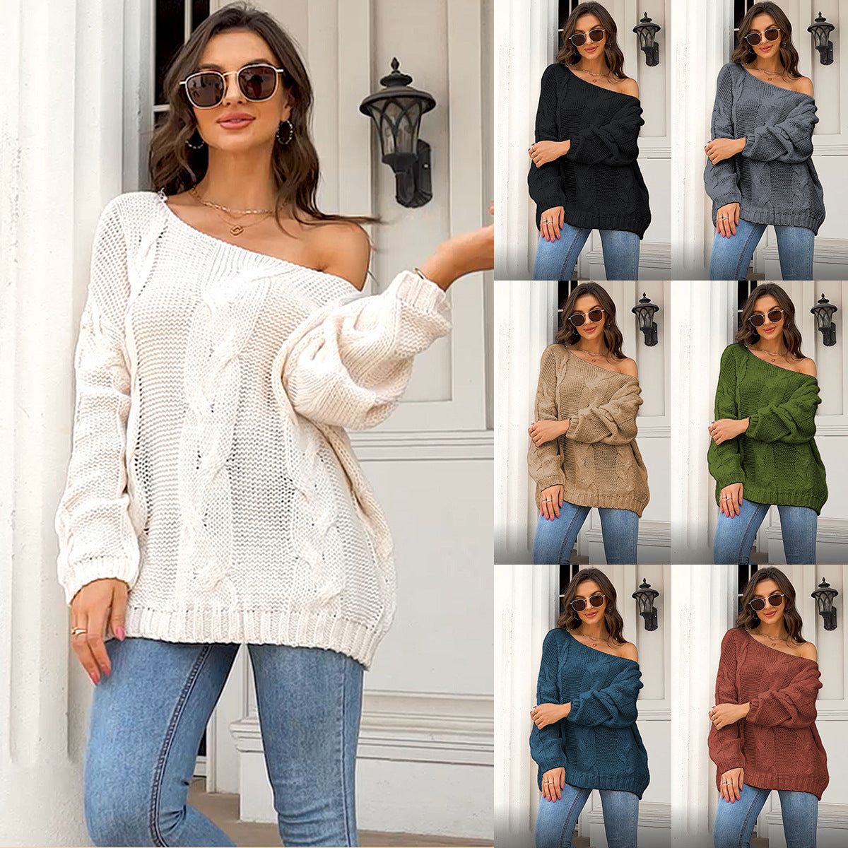 Suéter casual suelto de talla grande para mujer, suéter de punto de color sólido