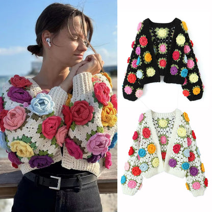 Niche Heavy Industry Manual Flower Cutout Crochet Coat Sweater Women's Sweater