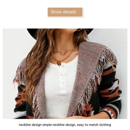 Loose Hooded Tassel Geometric Brocade Sweater