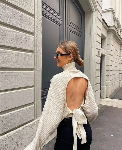 New Backless Design Half-high Collar Long Sleeves Short Sweater