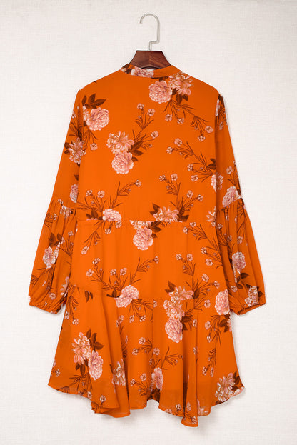 Orange Vintage Floral Print Drawstring Flowy Dress