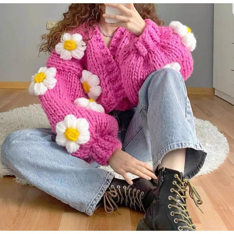 Handmade Three-dimensional Flower Lantern Sleeve Loose Sweater Coat