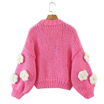 Handmade Three-dimensional Flower Lantern Sleeve Loose Sweater Coat