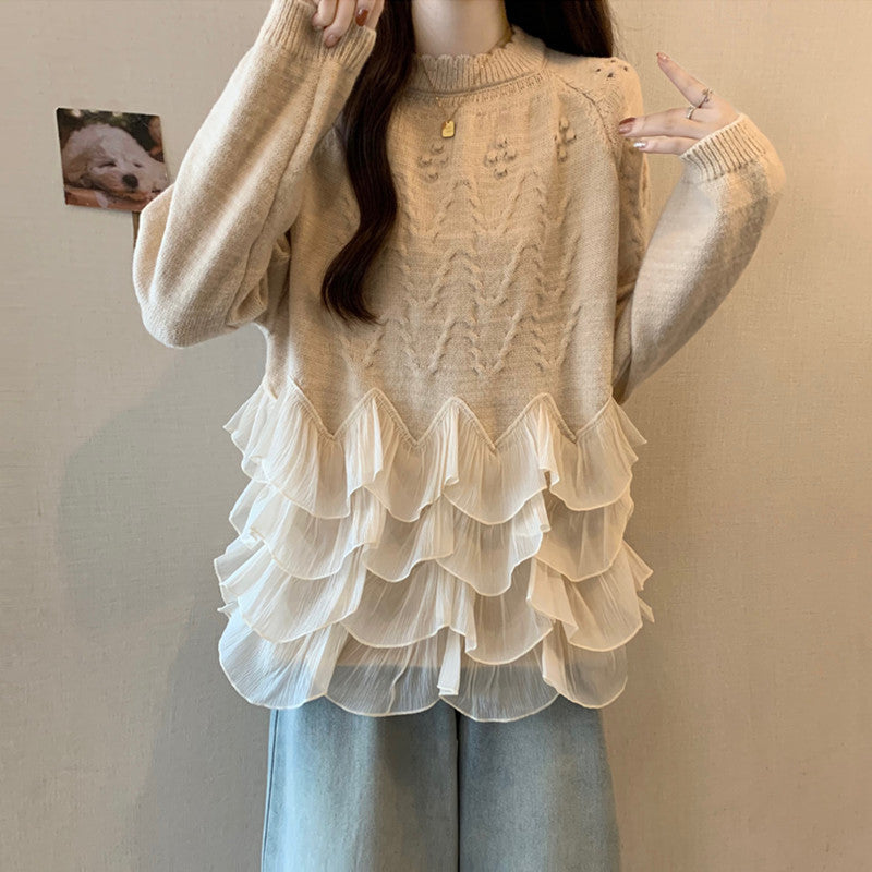 French Style Gentle Patchwork Round Neck Soft Glutinous Sweater Loose Slimming Flounce Top