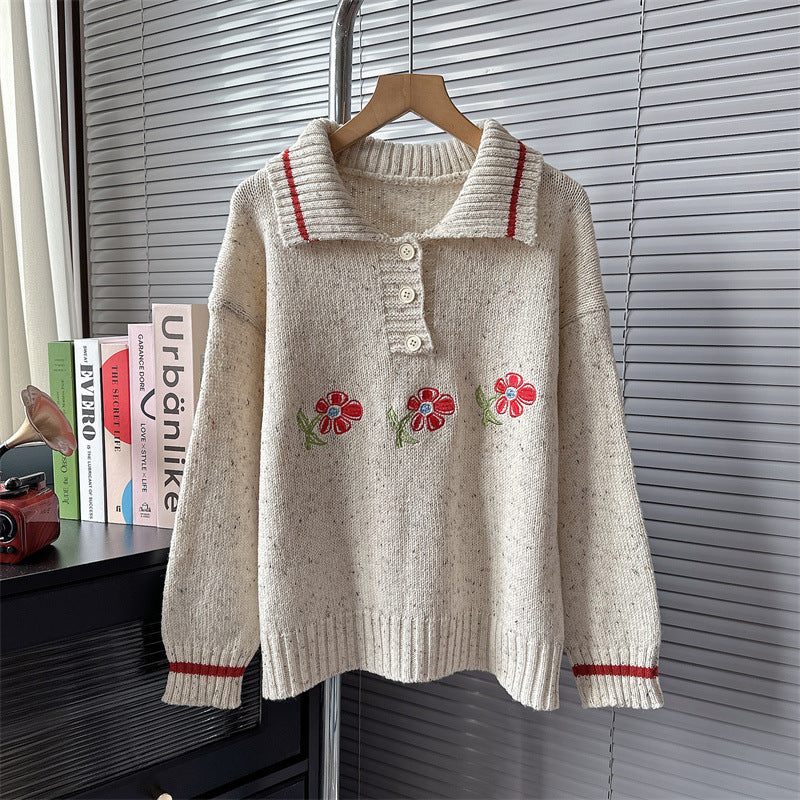 Tricot japonais chic à petite fleur avec col polo de haute qualité