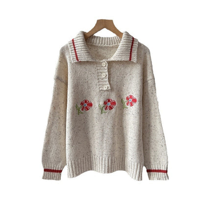 Tricot japonais chic à petite fleur avec col polo de haute qualité