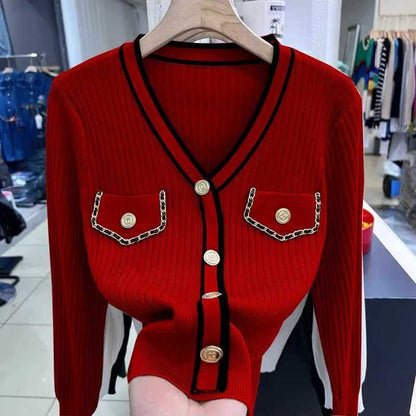 Jersey de punto con cuello en V de estilo clásico, suéter ajustado para mujer