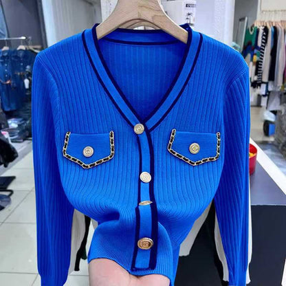 Jersey de punto con cuello en V de estilo clásico, suéter ajustado para mujer