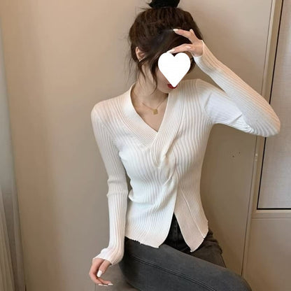 Pull à col en v de Style japonais, haut court à taille ajustée pour femmes