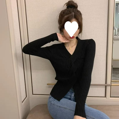 Pull à col en v de Style japonais, haut court à taille ajustée pour femmes