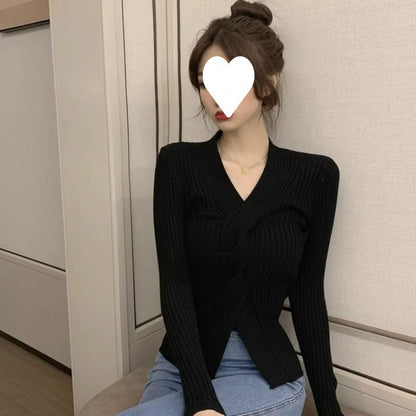 Pull à col en v de Style japonais, haut court à taille ajustée pour femmes