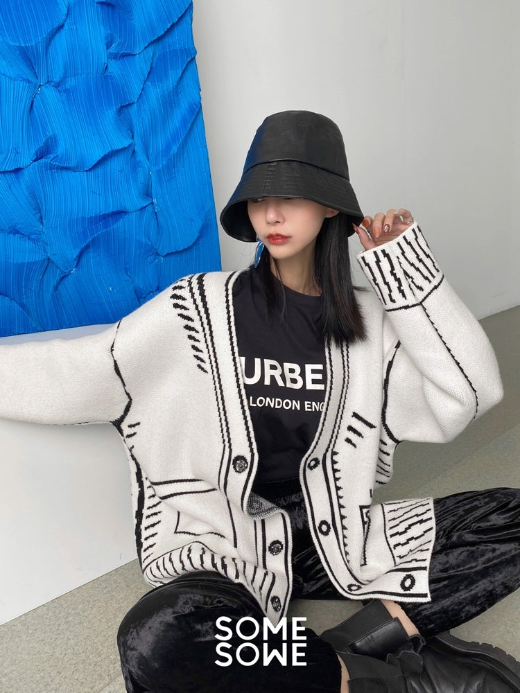 Graffiti Sweater Cardigan For Women V-neck Knitted Jacket