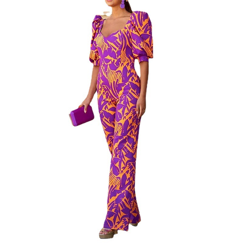 Women's Printed V-neck Lantern Sleeve Jumpsuit