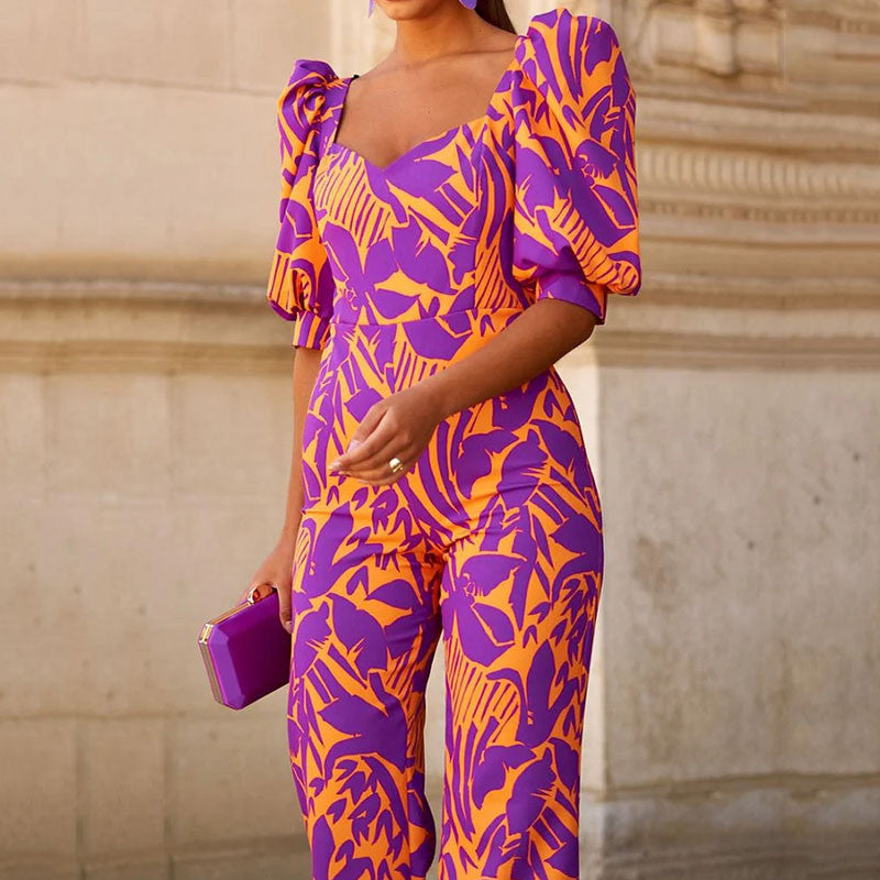 Women's Printed V-neck Lantern Sleeve Jumpsuit