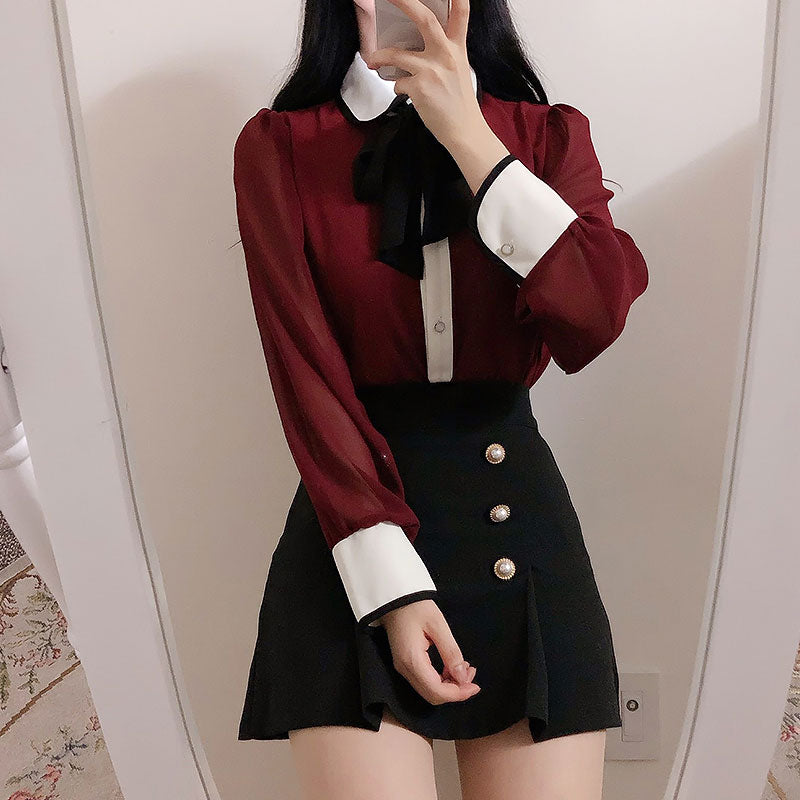 Temperament bottoming shirt bow chiffon shirt