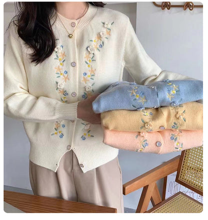 Embroidered Three-dimensional Flower Knitted Cardigan Women's Sweater Coat