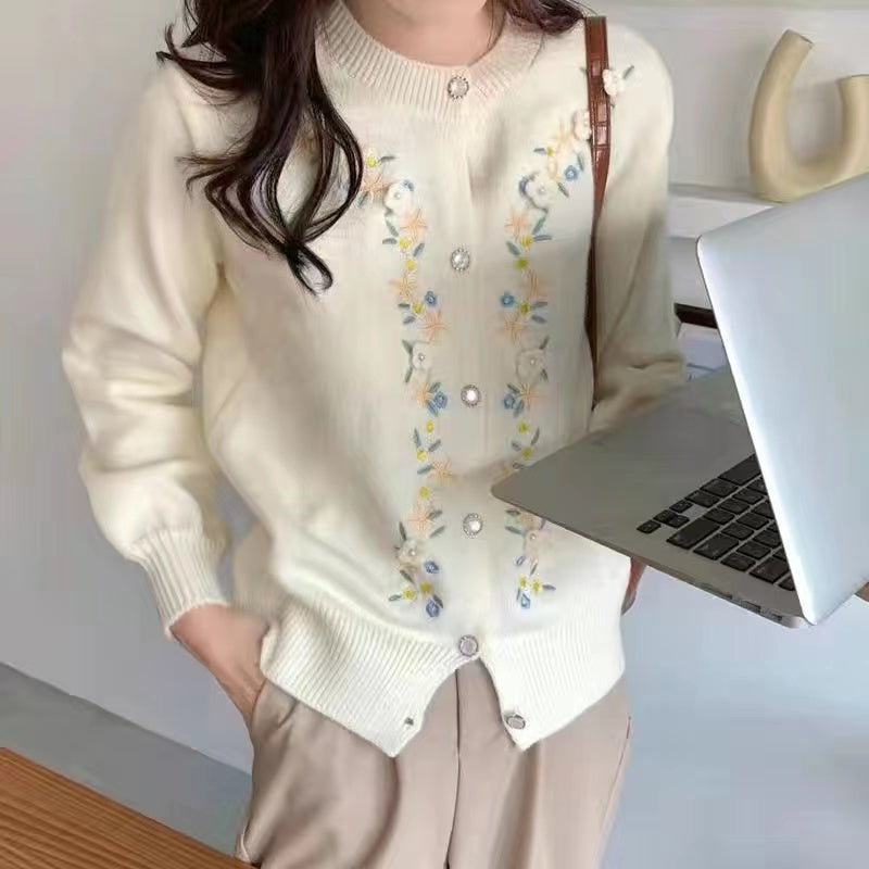 Cardigan tricoté à fleurs tridimensionnelles brodées, manteau pull pour femmes