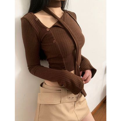 Fashionable Sunken Stripe Diagonal Buckle Design Korean Style Irregular With Personality Top Sweater