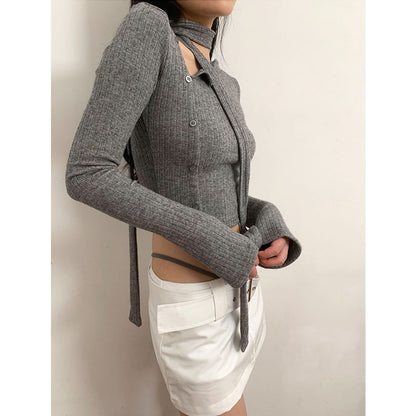 Fashionable Sunken Stripe Diagonal Buckle Design Korean Style Irregular With Personality Top Sweater