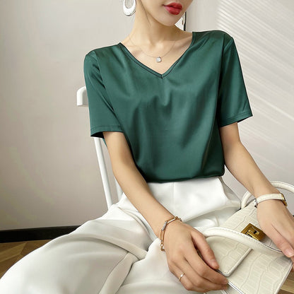 Short Sleeve Loose V-neck Satin Bottoming Solid Color Inner Wear Suit Top