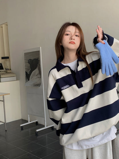 American Retro Polo Collar Striped Sweater Women's Thin