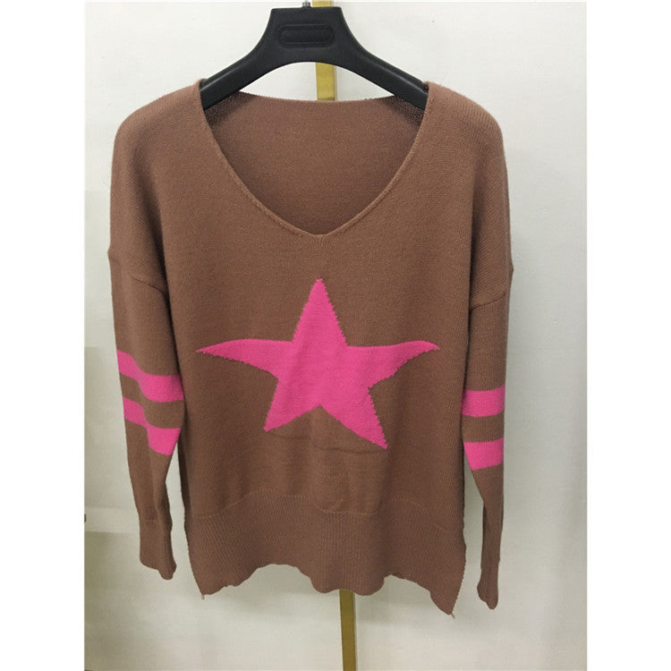 European And American Knitted Five-pointed Star Split Pullover Long Sleeve V-neck Winter Clothing Jacket