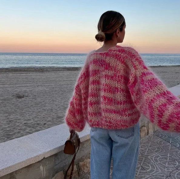 Pull cardigan polyvalent fait à la main à carreaux arc-en-ciel rayé à manches longues