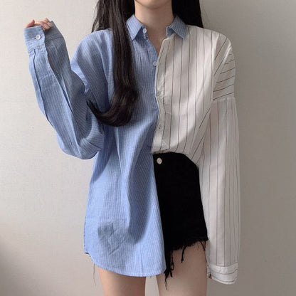 Lapel Contrast Stitching Loose Casual Striped Shirt Women