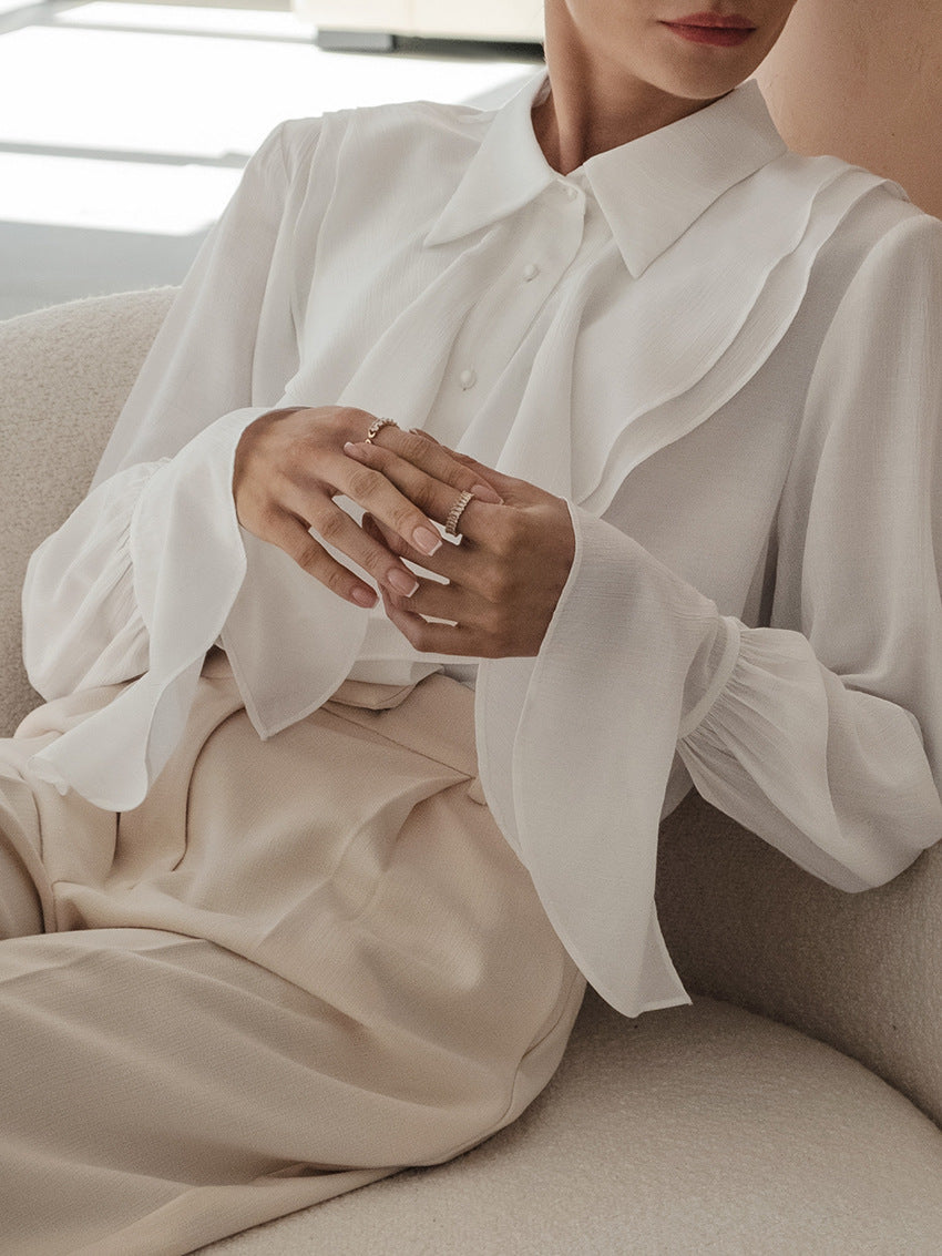 White Lapel Puff Sleeve Ruffled Elegant French Shirt