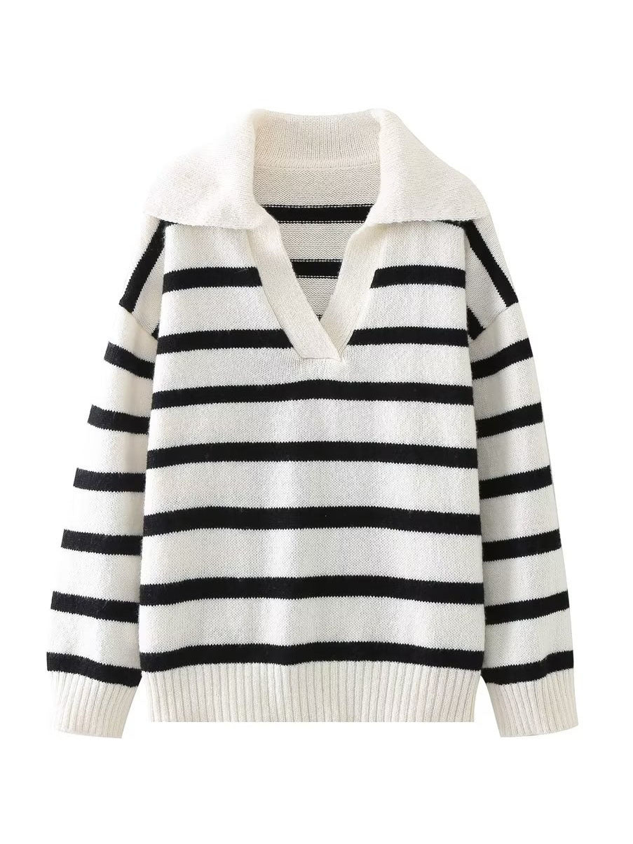 Autumn And Winter New Women's Clothing Loose Temperament Idle Style Striped Knitted Sweater