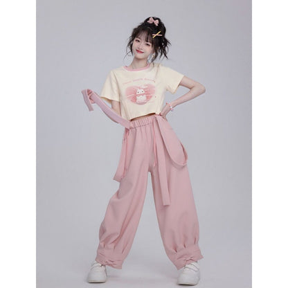 Pure Cotton Sweet Drawstring Women's Small Blush Rabbit Suspender Pants