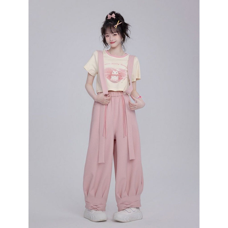 Pure Cotton Sweet Drawstring Women's Small Blush Rabbit Suspender Pants