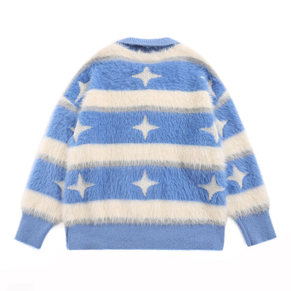 American-style Vintage Fleece-lined Striped XINGX Lapel Sweater