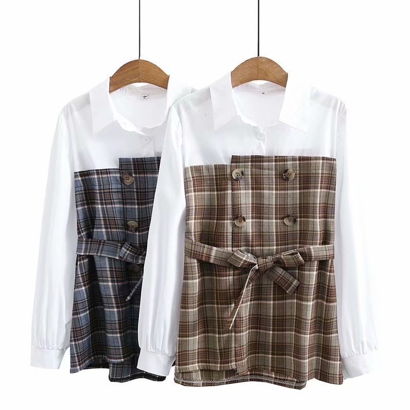 Retro Fake Two Piece Stitching Plaid Long-sleeved Shirt